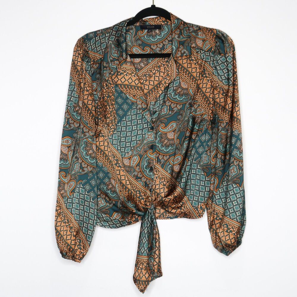 Eclair Womens Satin Button Down Shirt Medium Green Gold Paisley Geometric Office